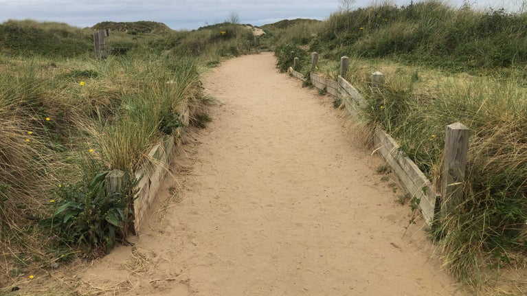 Formby Boardwalk Trail step 2 image showing undulating stone footpath